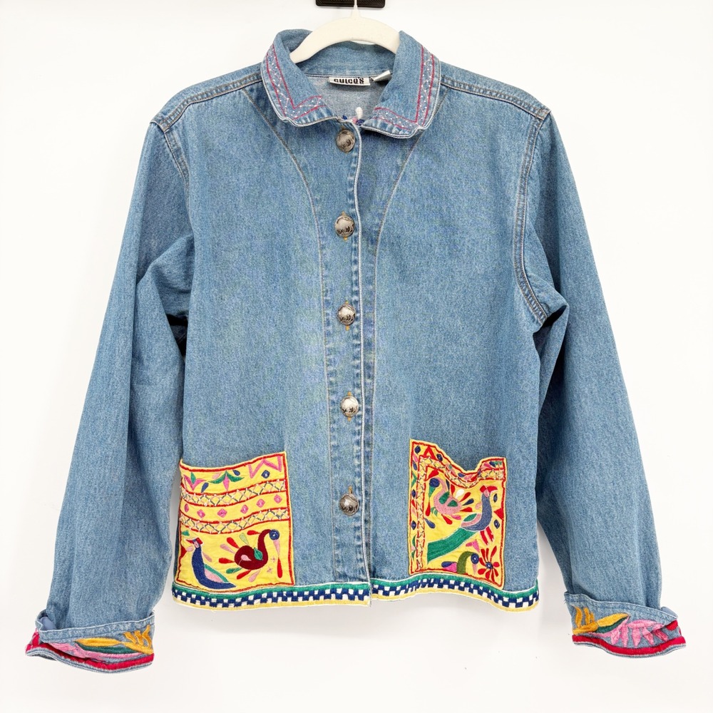Chico's Design Womens Embroidered Southwestern Folk Art Boho Denim Jacket Size 1